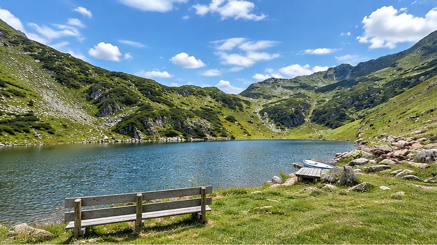 Wildsee bei Fieberbrunn mit Holzbank und Ruderboot, umgeben von grünen Hängen